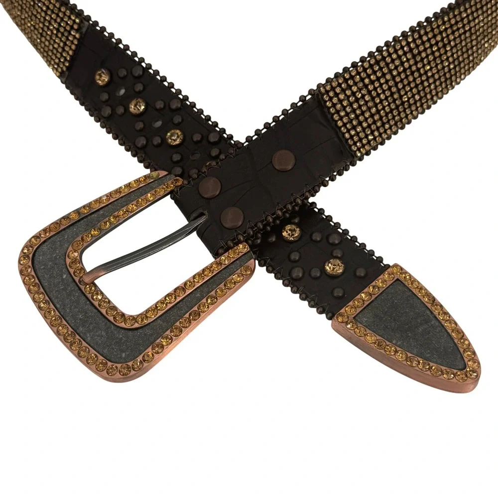 Western Rhinestone Studded Brown Leather Belt Amber Crystal Cowgirl‎ Boho S/M